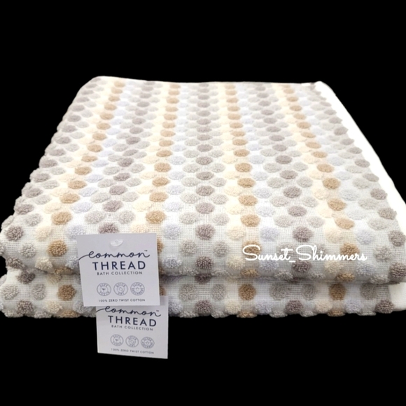 2pc Common Thread Bath Towel Set Tan Gray White Dot Zero Twist Cotton NEW - Picture 1 of 3